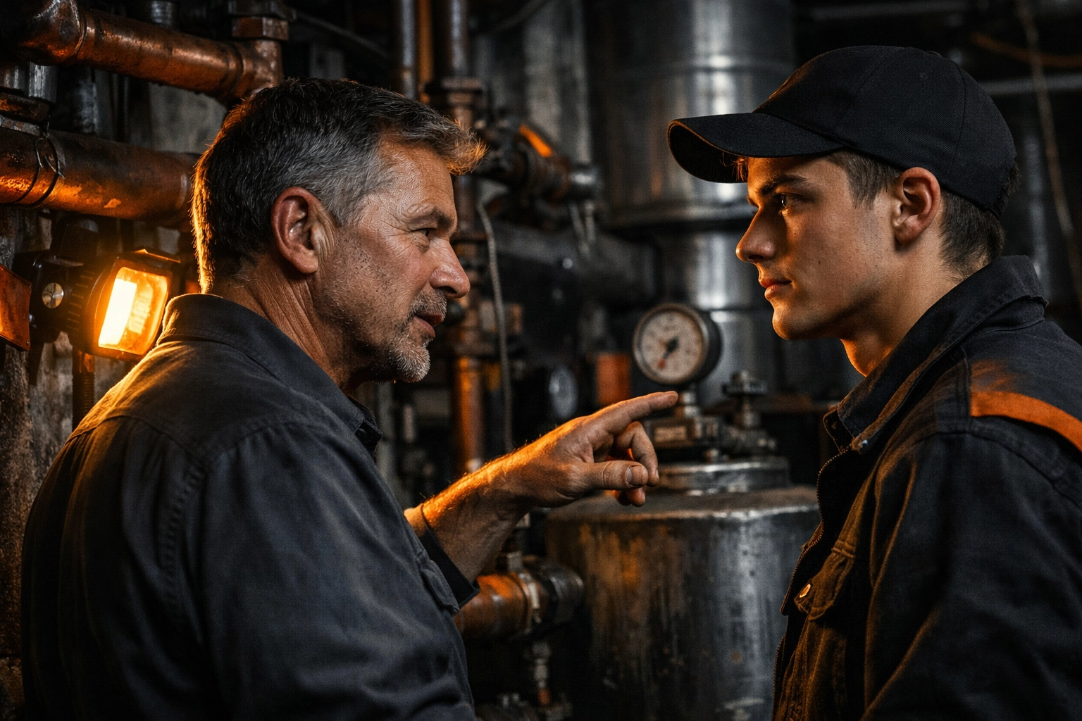 Professional HVAC technician mentoring an apprentice in a mechanical room, showing trades leadership and growth.