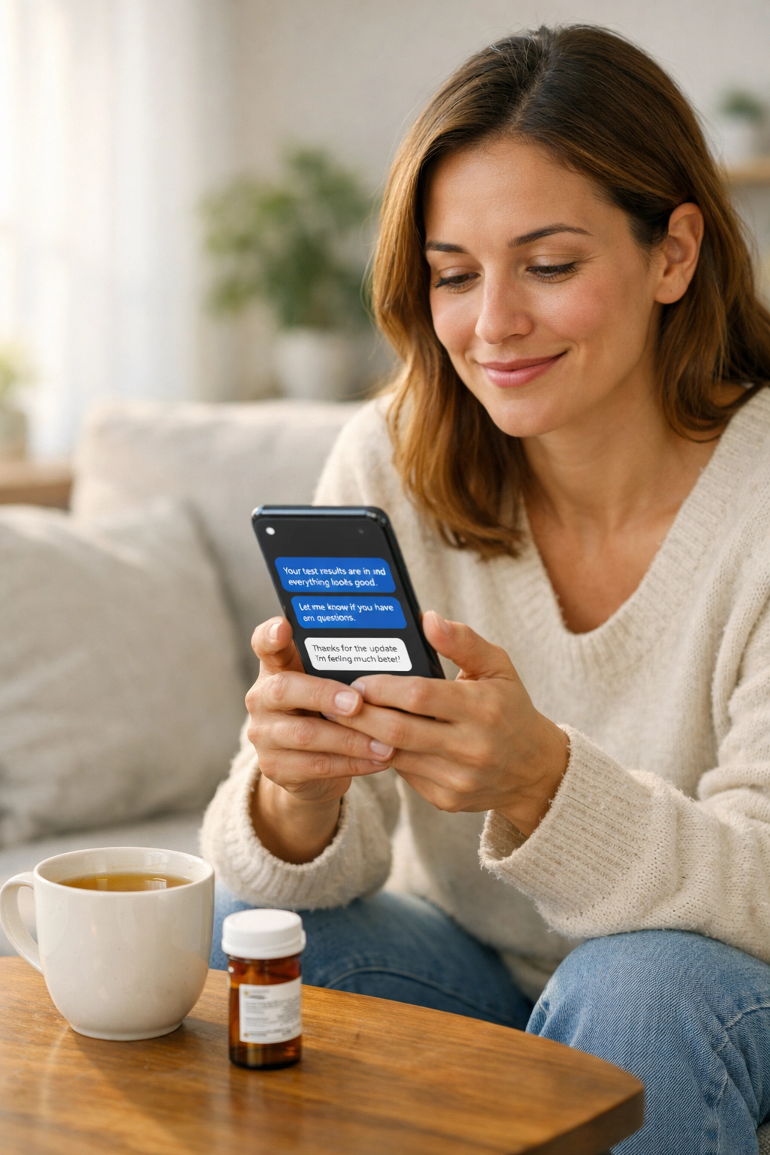 Woman using online medical chat for a discreet sexual health consultation and prescription at home.