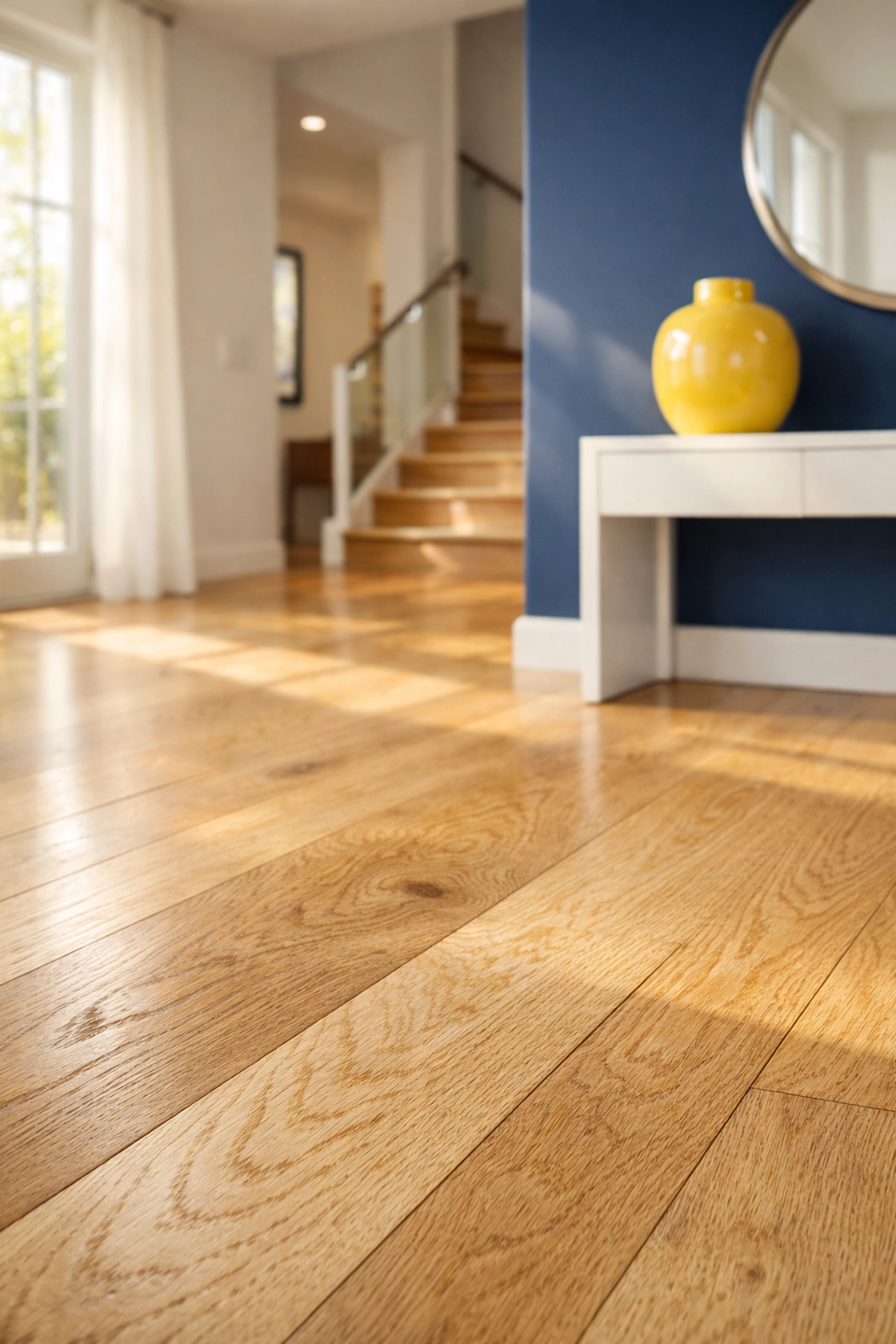 Pristine oak hardwood floors in a modern foyer protected from dirt and debris to reduce mopping.