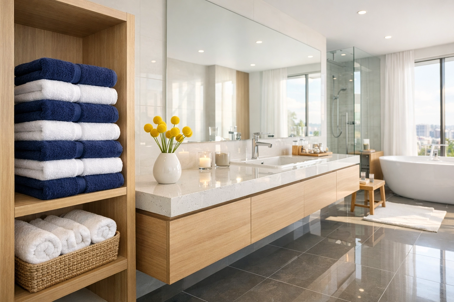 Spotless, sunlit bathroom showing deep cleaning results for a Leominster MA residence.