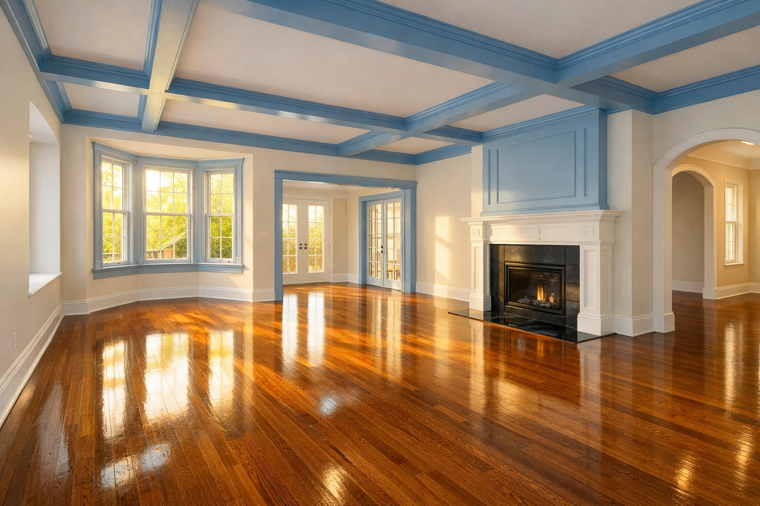 Sun-drenched empty Bolton living room with polished hardwood floors after a professional move-out cleaning.