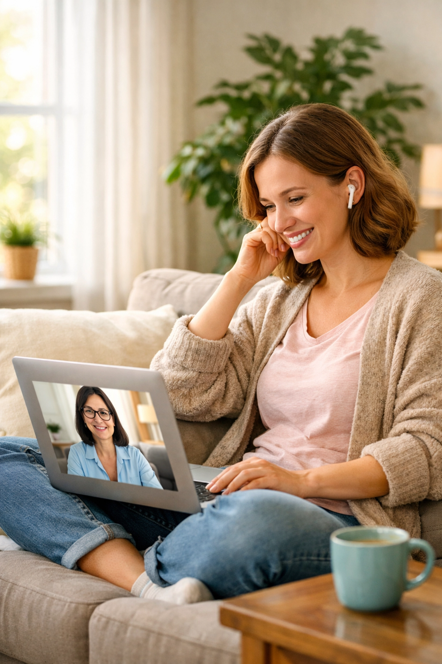 Woman attending virtual telehealth therapy session for substance use treatment at home