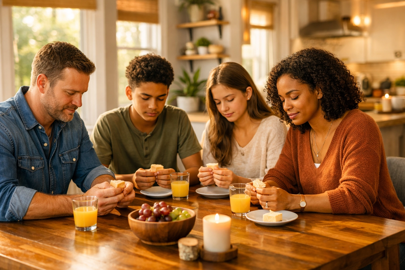 A Christian family practicing the ordinance of communion with bread and juice in their sunlit home.