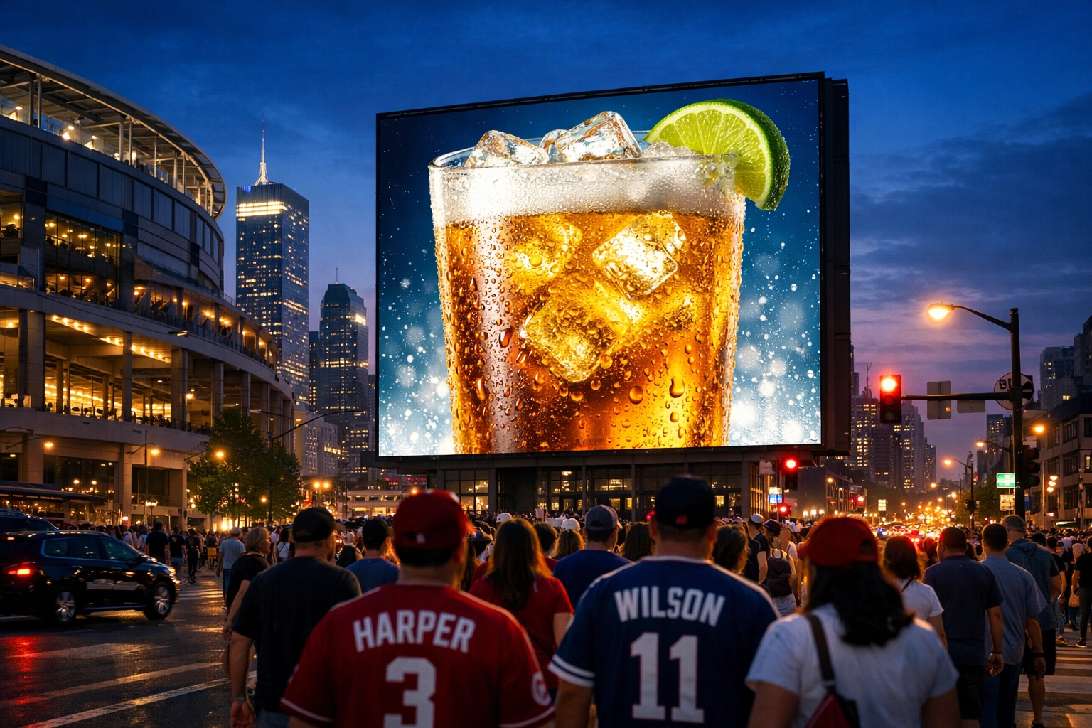 Digital billboard near a sports stadium displaying dynamic advertising to fans during the pre-game phase.