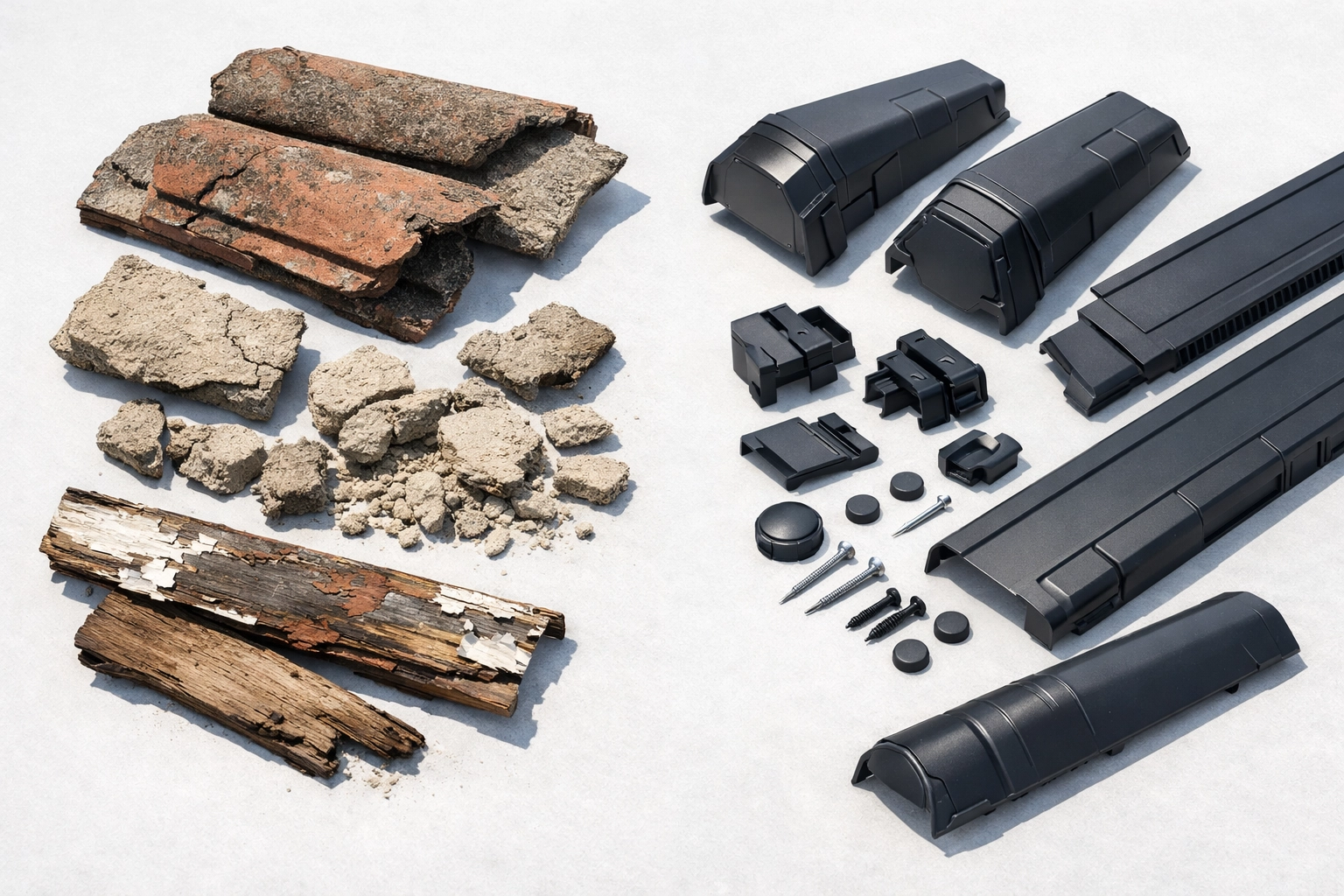 Comparison of old deteriorating mortar vs modern dry verge system components