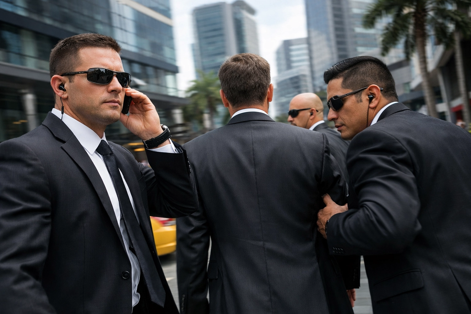 Coordinated security team protecting executive in Medellin business district