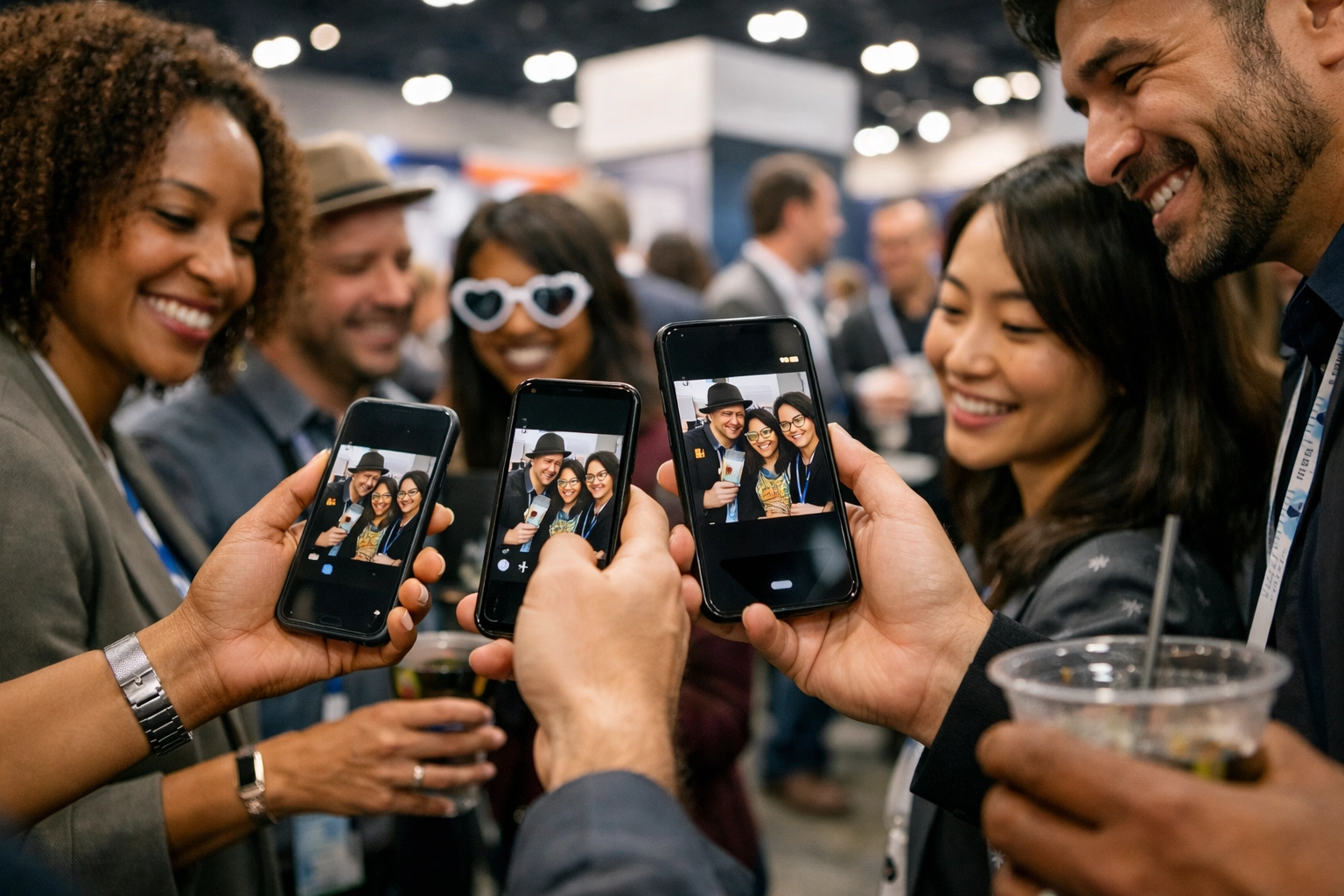 Guests sharing their photo booth content on phones at a corporate trade show