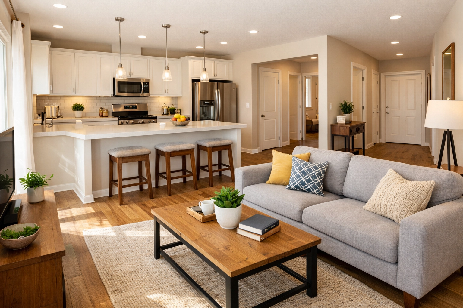 Modern shared living room and kitchen in co-living home with private bedrooms down hall