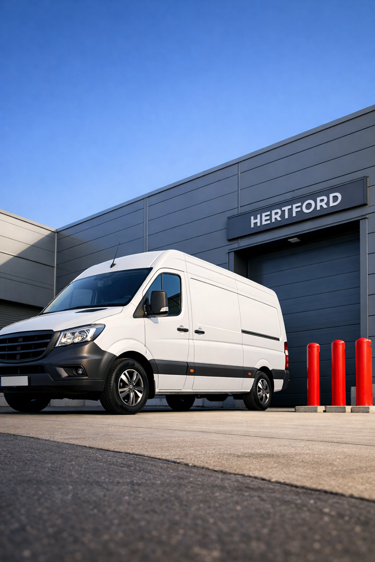 White logistics van at a modern Hertford warehouse loading bay for local retail distribution services.