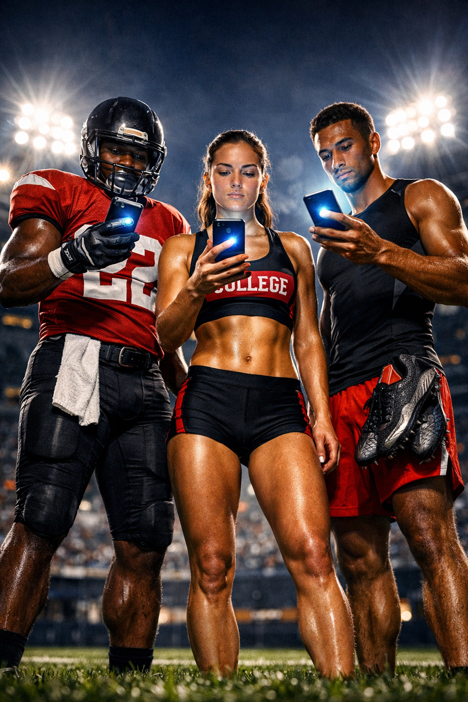 Student-athletes at a stadium using smartphones to increase brand ROI through NIL social media influence.