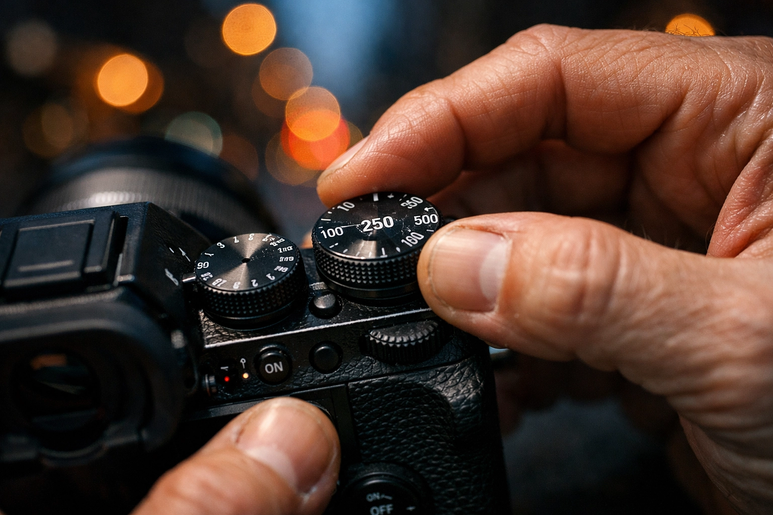 Photographer adjusting dials to learn how to use manual mode camera settings with daily photography tutorials.