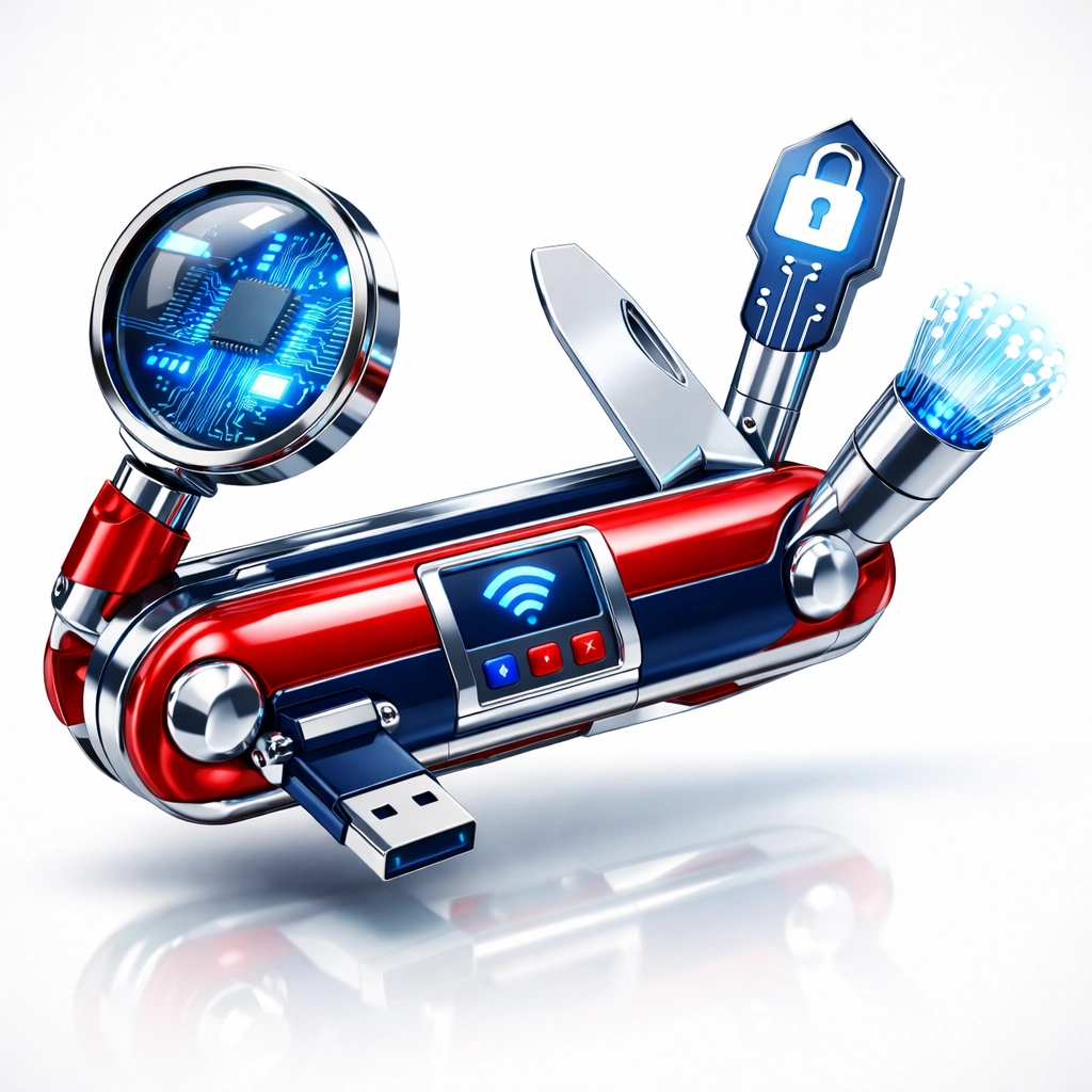 Digital security multi-tool with circuit board and magnifying glass symbolizing diverse cyber career skills.