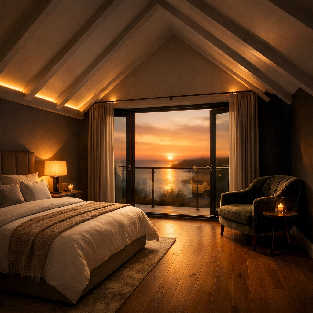 Completed luxury loft conversion bedroom with vaulted ceilings and a scenic Juliet balcony.