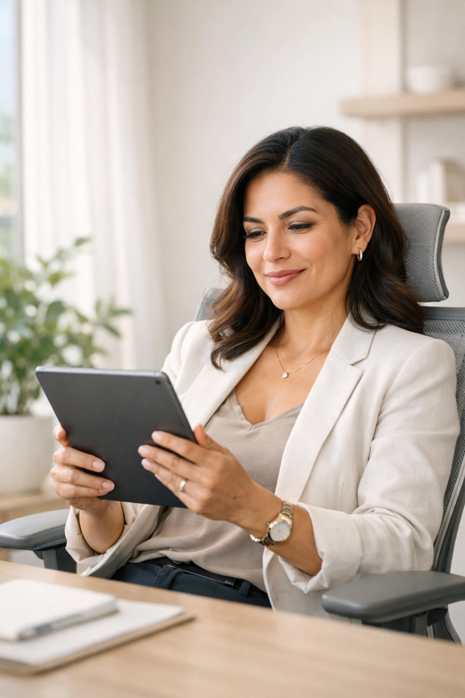 Confident female entrepreneur reviewing financial data on a tablet with a relieved expression in a modern office.