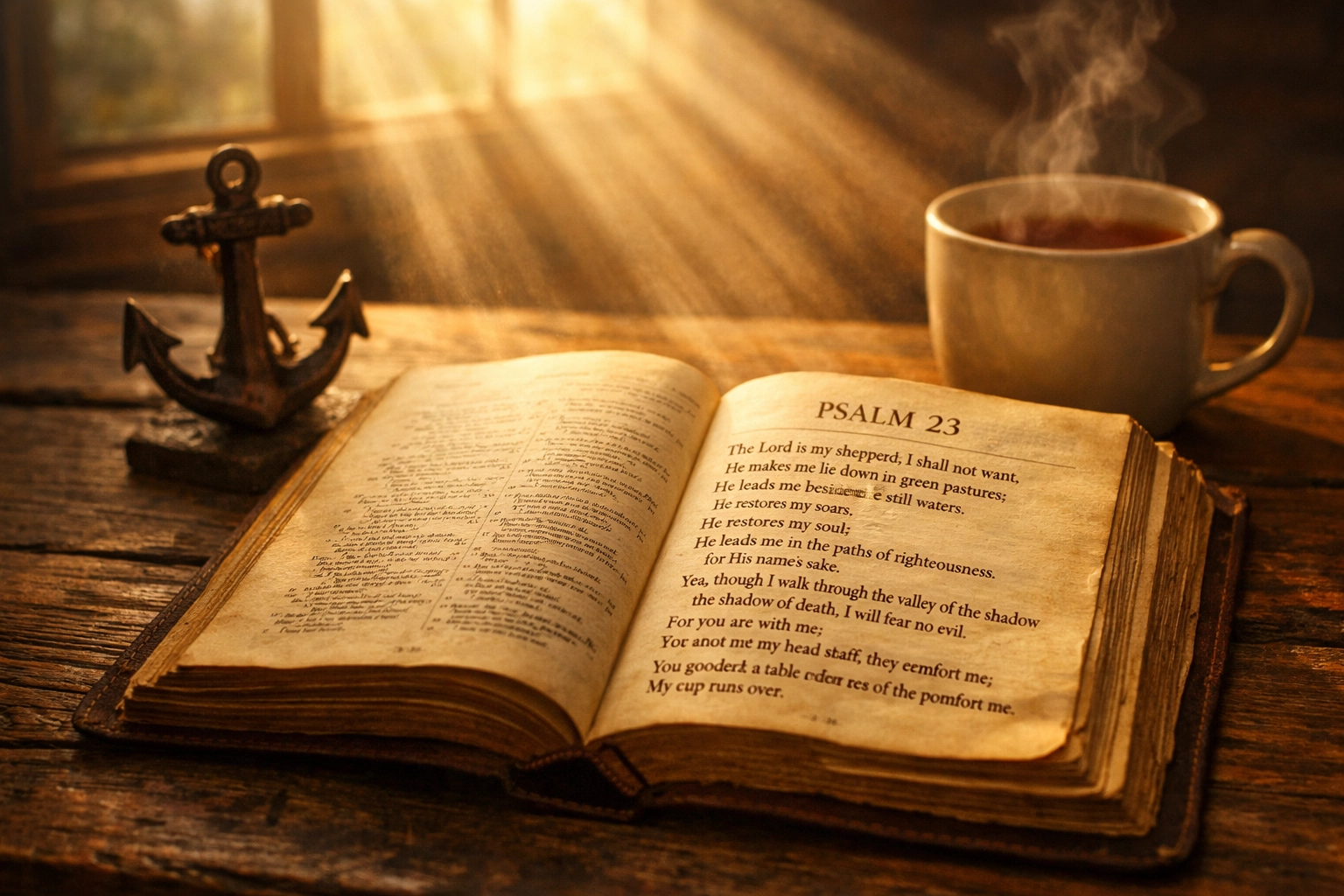 Open Bible showing Psalm 23 with anchor and tea representing grounding in scripture