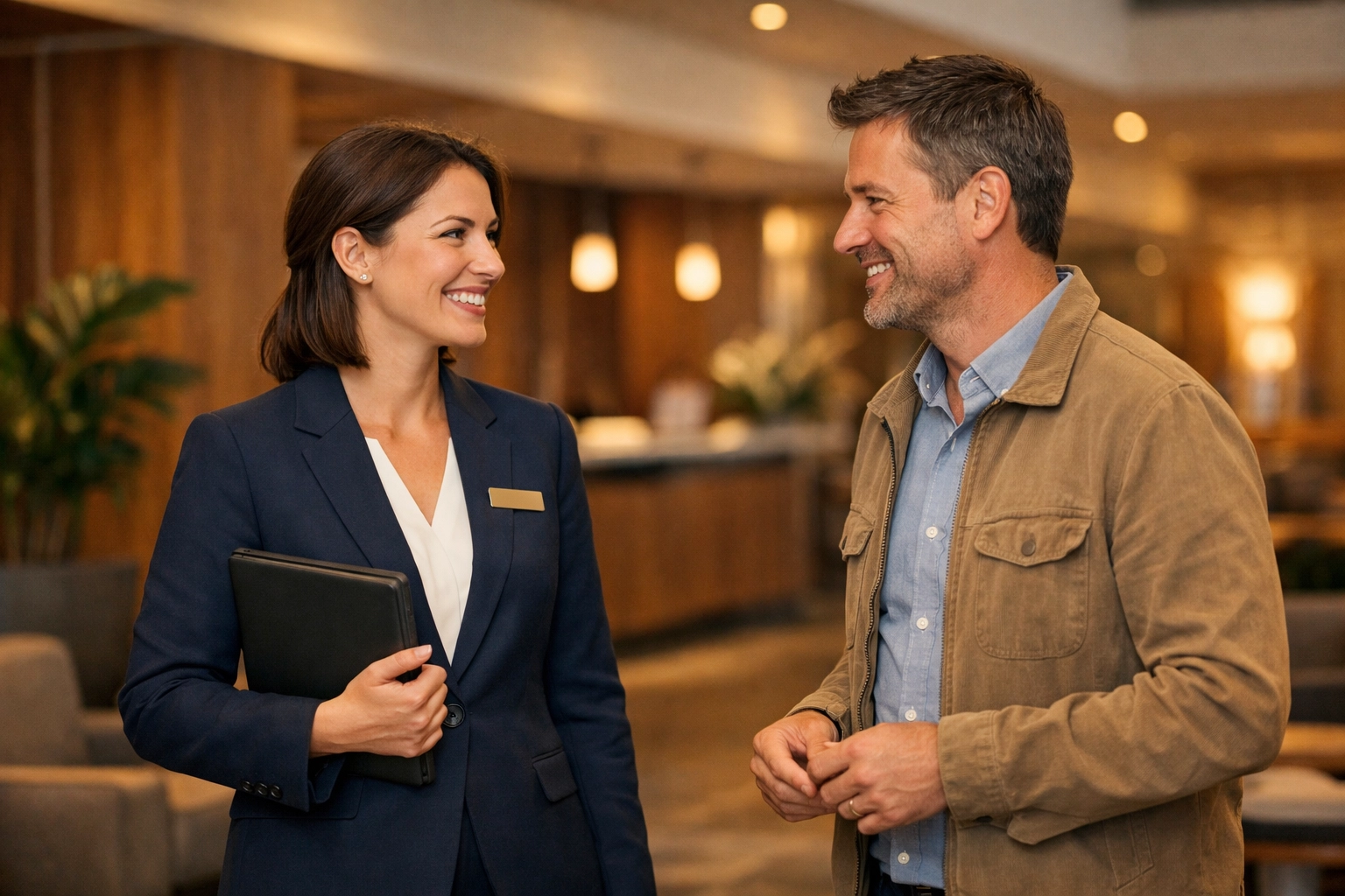 Hotel staff using a mobile hotel pms to engage with guests in a modern, open-plan lobby.