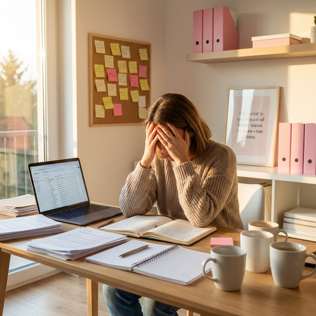 Overwhelmed female entrepreneur surrounded by paperwork, illustrating the stress of admin tasks business owners face.