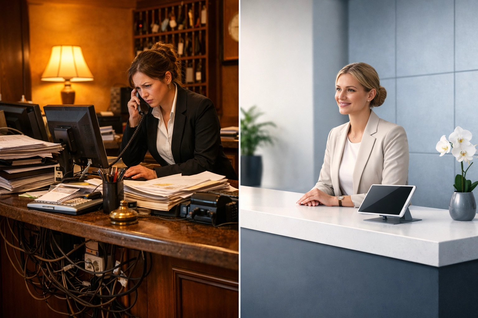 Comparison of cluttered legacy hotel desk versus streamlined cloud-native PMS setup at front desk
