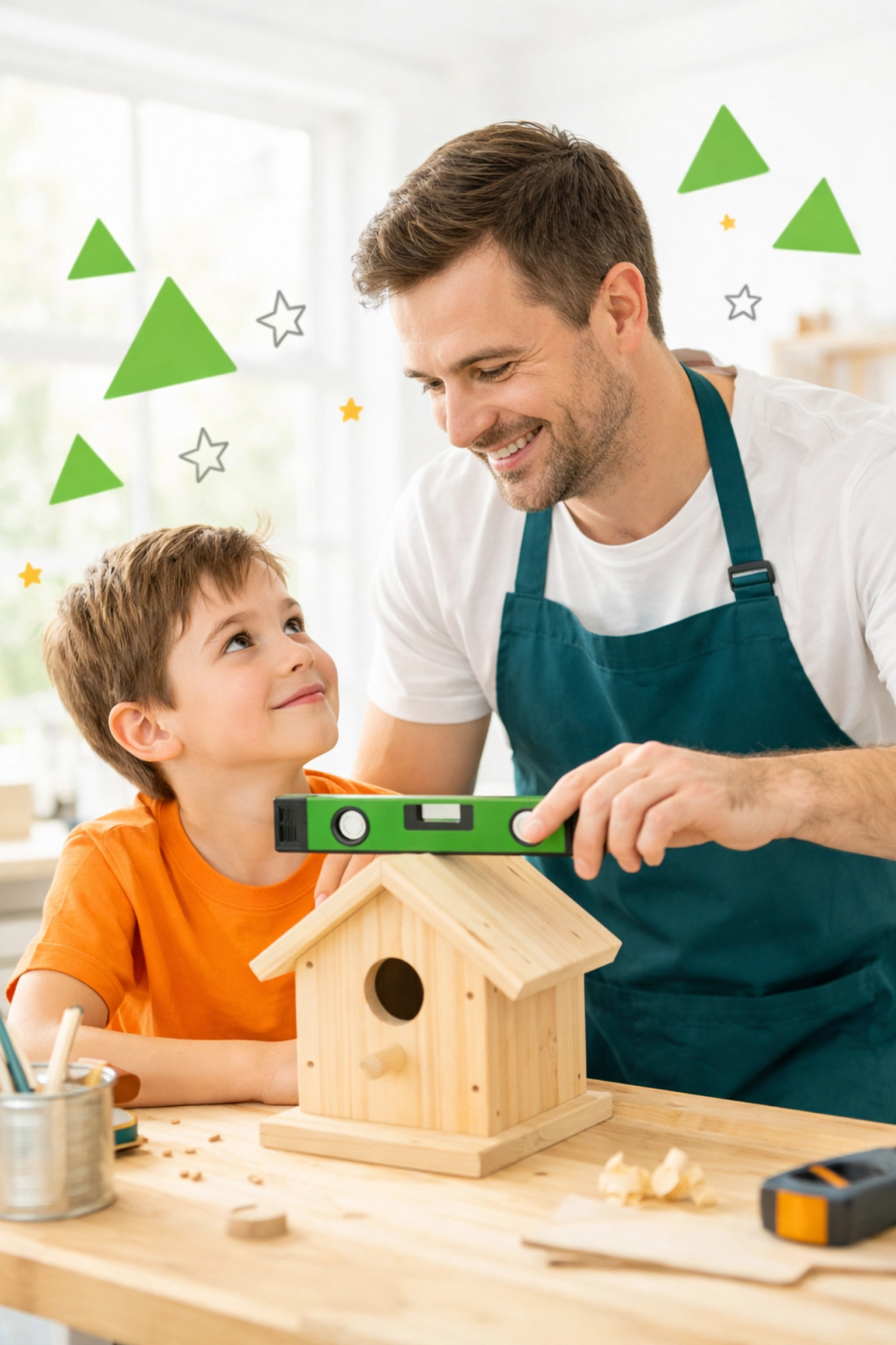 Father modeling leadership to his son while building a birdhouse in a sunlit workshop.