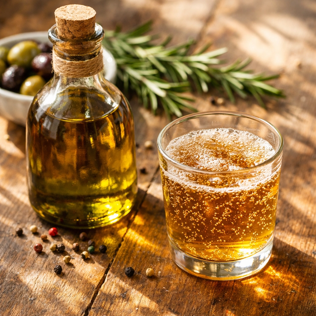 Extra virgin olive oil and kombucha with Mediterranean herbs supporting gut health and brain function