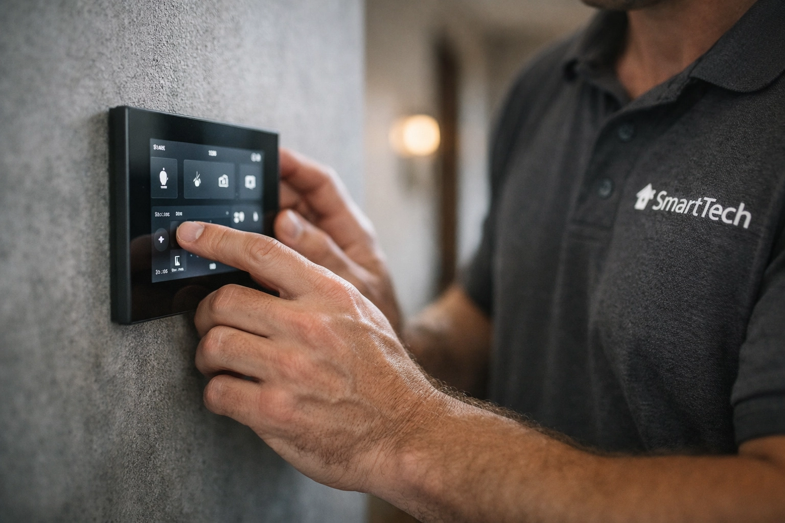Professional installer configuring smart home control panel during home automation installation