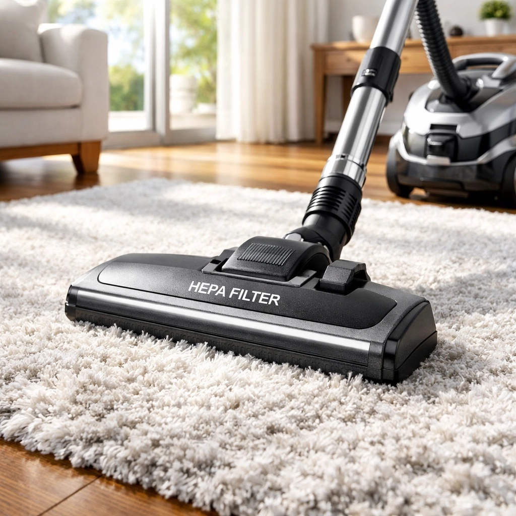 Medical-grade HEPA vacuum cleaner removing dust and allergens from a luxury rug in a Winter Park home.