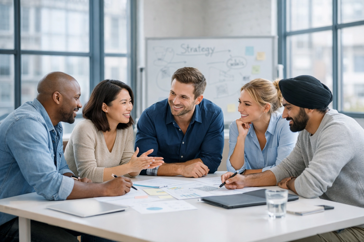 Professional team collaborating in a bright office on human-led AI strategy and discovery.