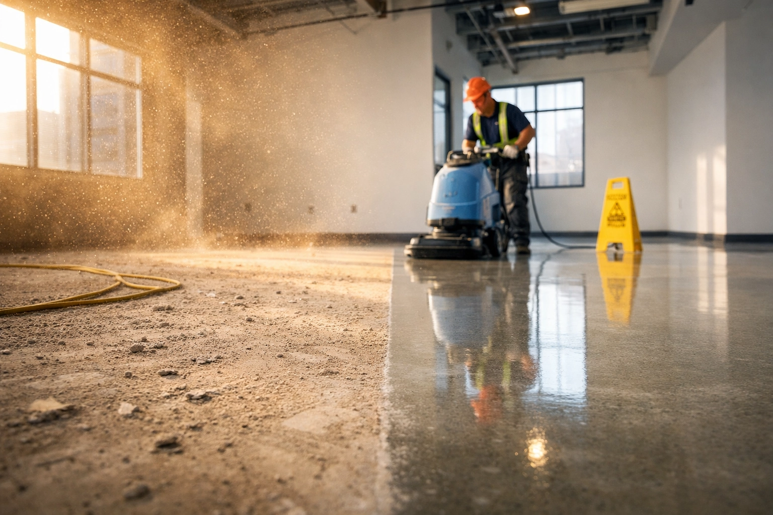Before and after construction cleanup showing dusty commercial space transformed to spotless condition