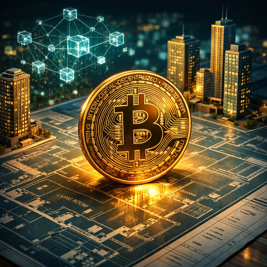Bitcoin and real estate blueprint illustrating institutional investment strategy blending digital and physical assets
