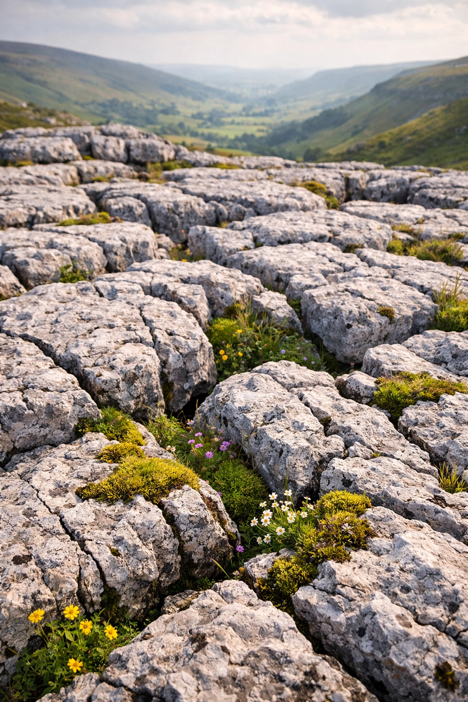 Limestone pavement geology formation on Yorkshire Dales walking trail