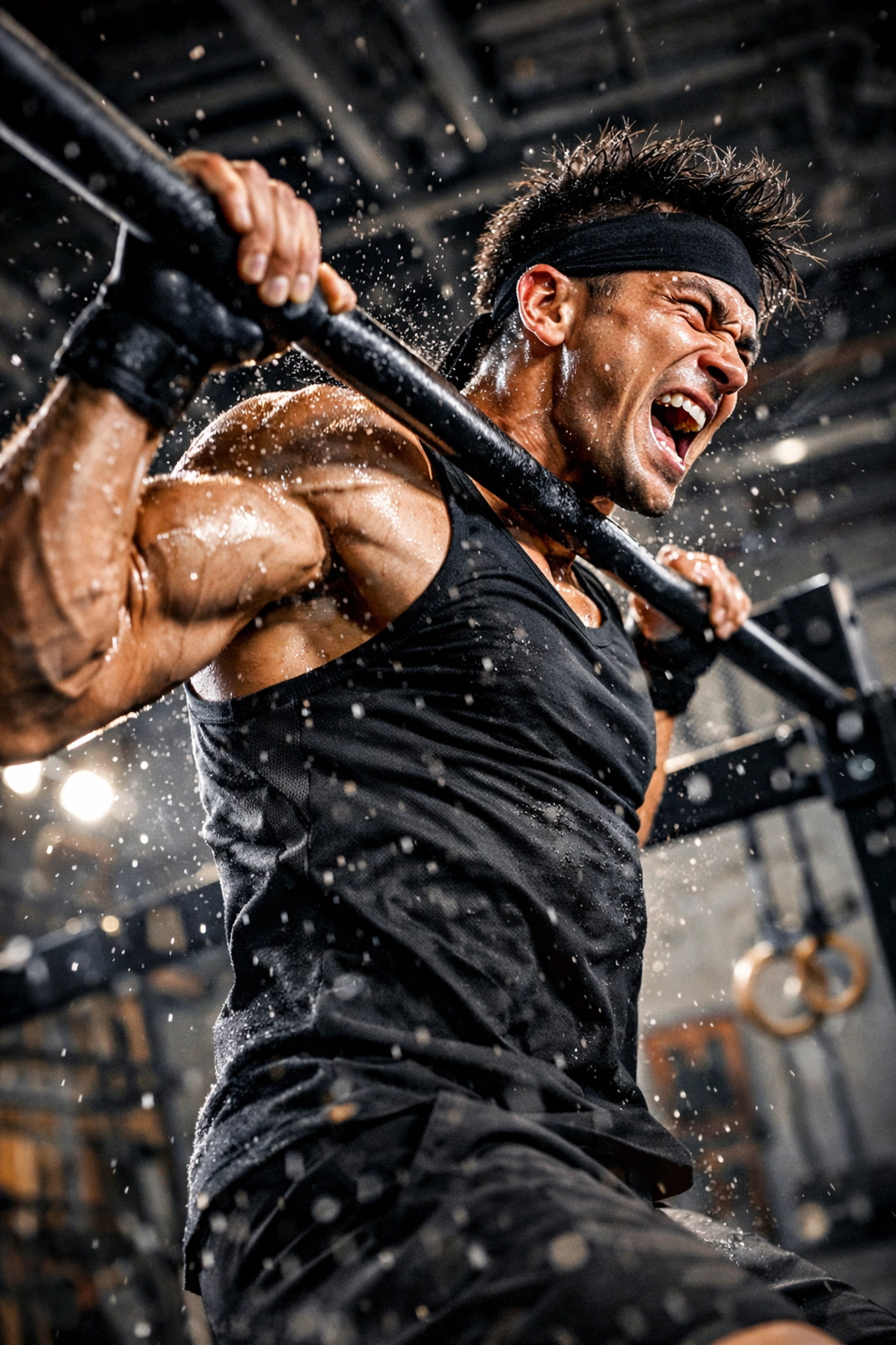 Ninja warrior performing explosive power pull-ups in a high-intensity CrossFit home gym environment.
