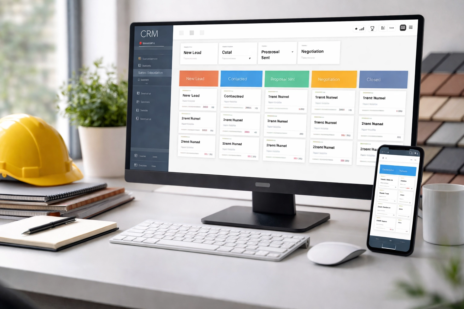 Modern office desk with CRM dashboard and roofing tools showing organized contractor CRM setup