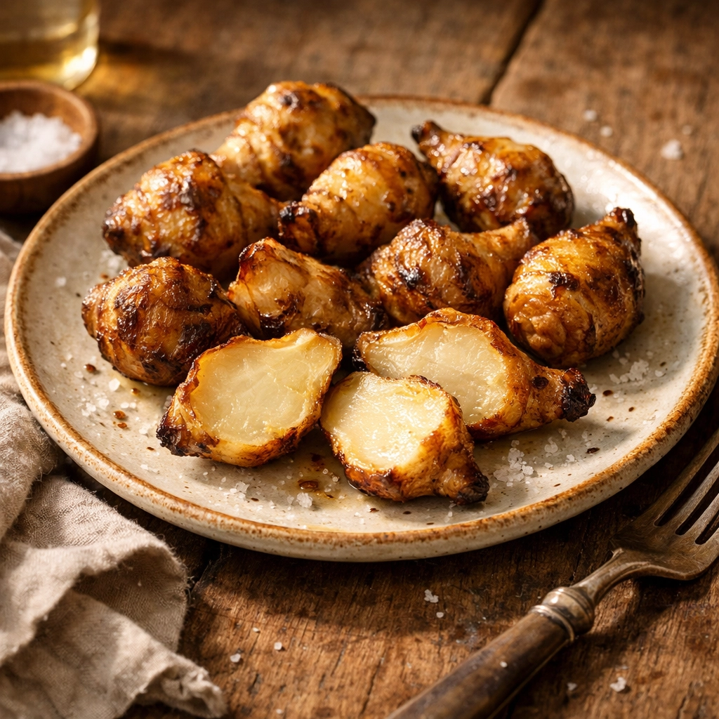 Roasted sunchokes with caramelized edges on ceramic plate for beef dinner