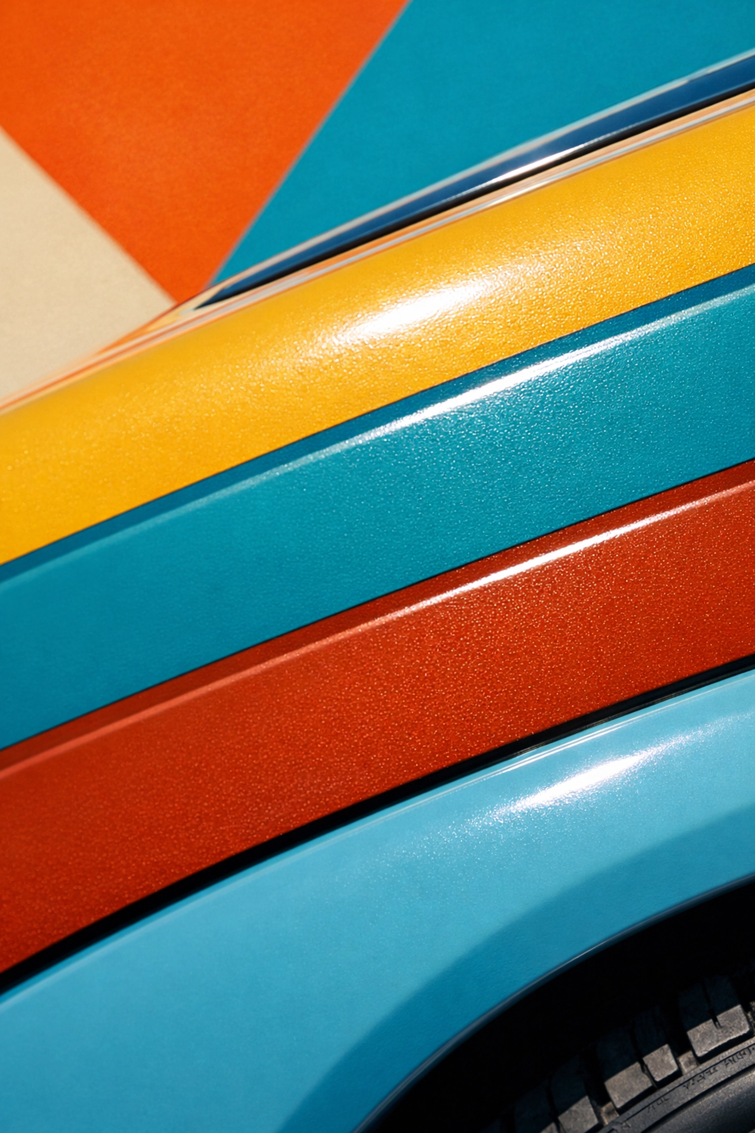 Close-up of premium UV-resistant vinyl vehicle stripes in retro colors