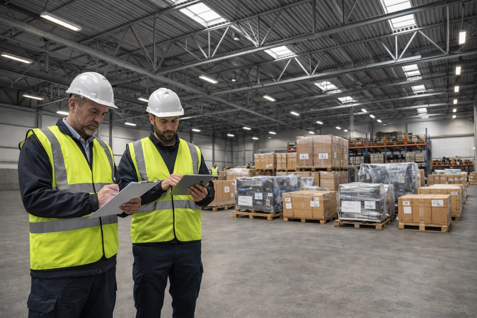 Professional warehouse clearance showing an organized inventory audit and swept concrete floors.