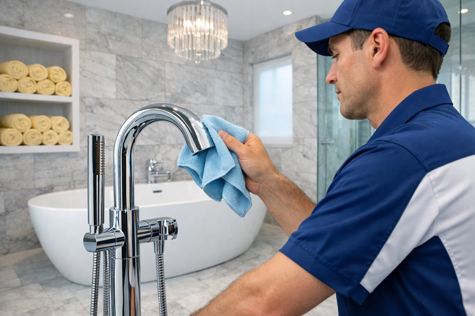 Professional cleaner polishing chrome fixtures for a luxury house cleaning mission in a Brookline home.