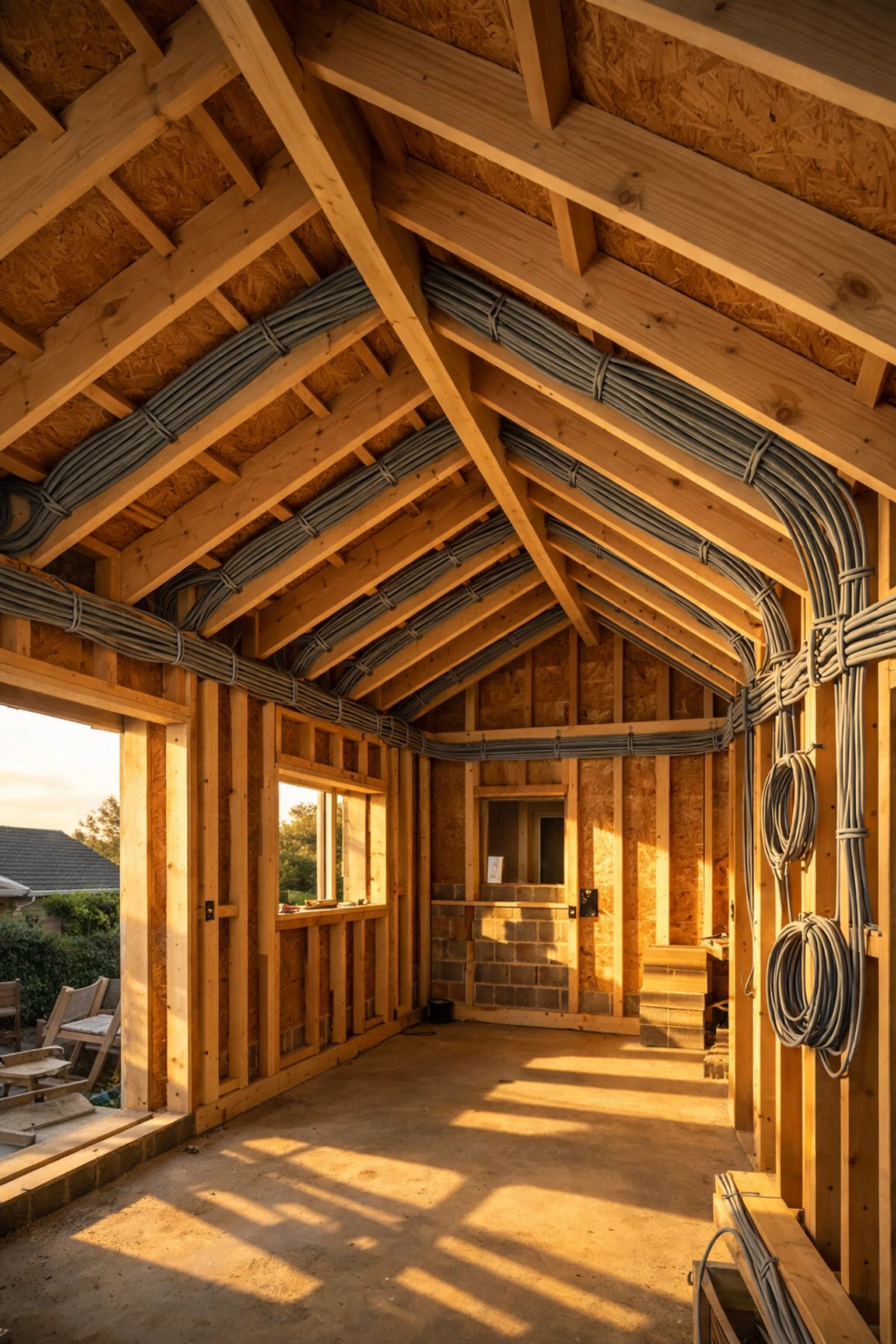 First-fix electrical wiring installed within the timber frame of a Chichester house extension project.