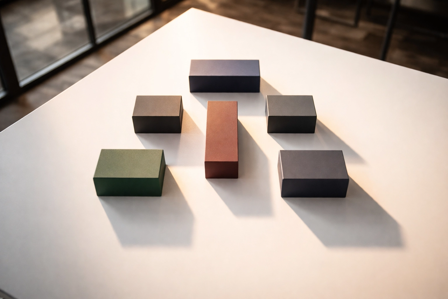 Minimalist conference table with colored blocks illustrating the RAPID decision-making framework roles