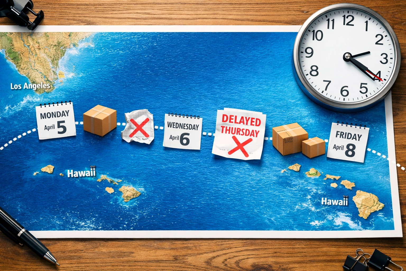 Map showing shipping timeline and delays from mainland to Hawaii for custom apparel orders