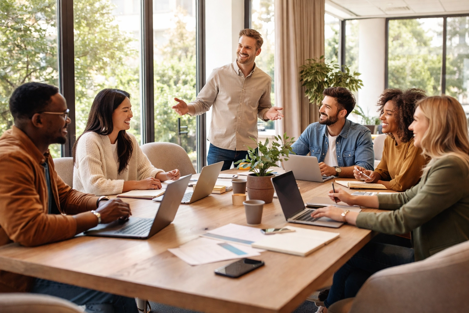 Diverse startup team collaborating around a table, showcasing delegation and stress relief for founders