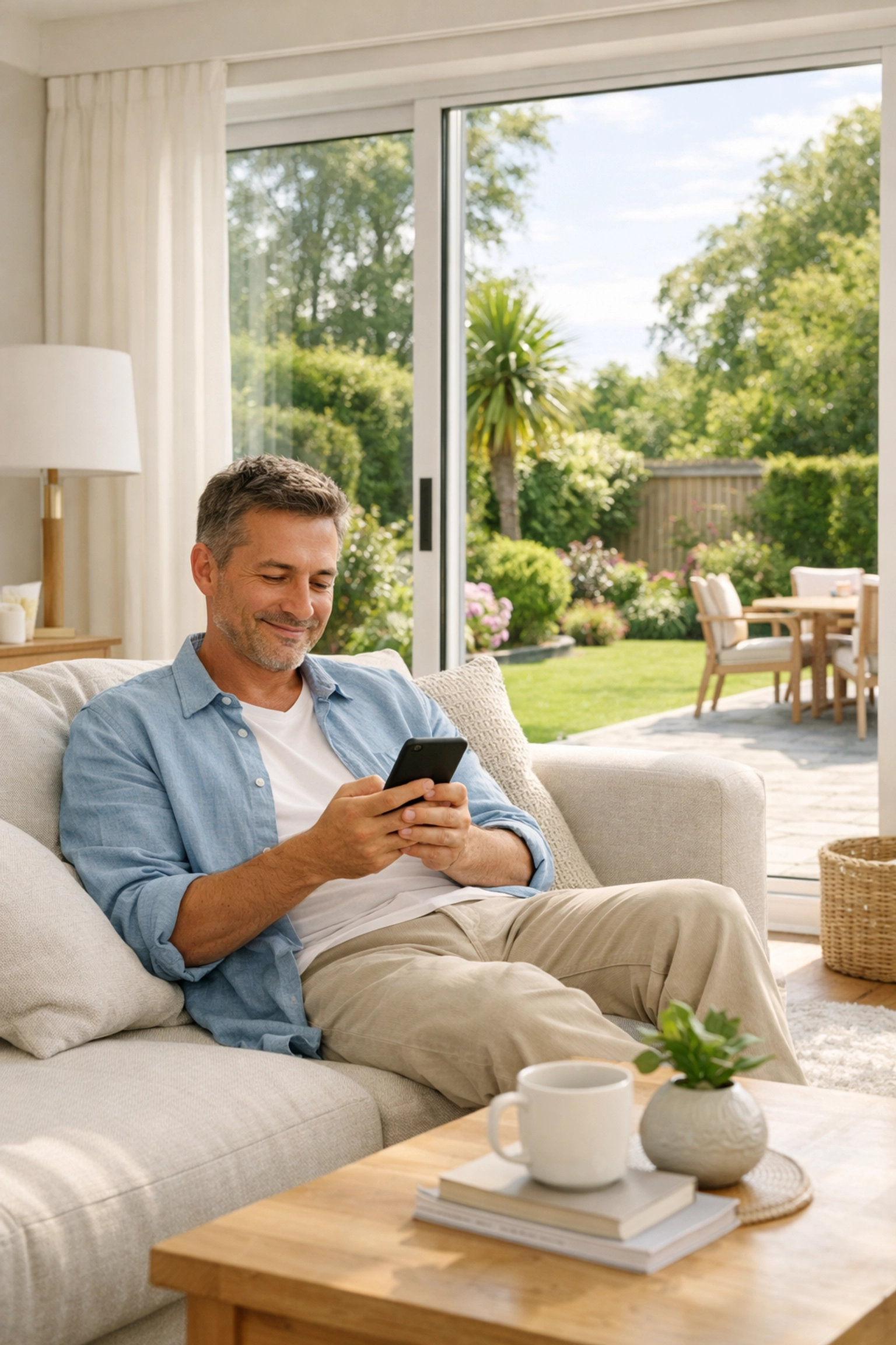 Homeowner in Bournemouth checking home security on a smartphone with free app access.