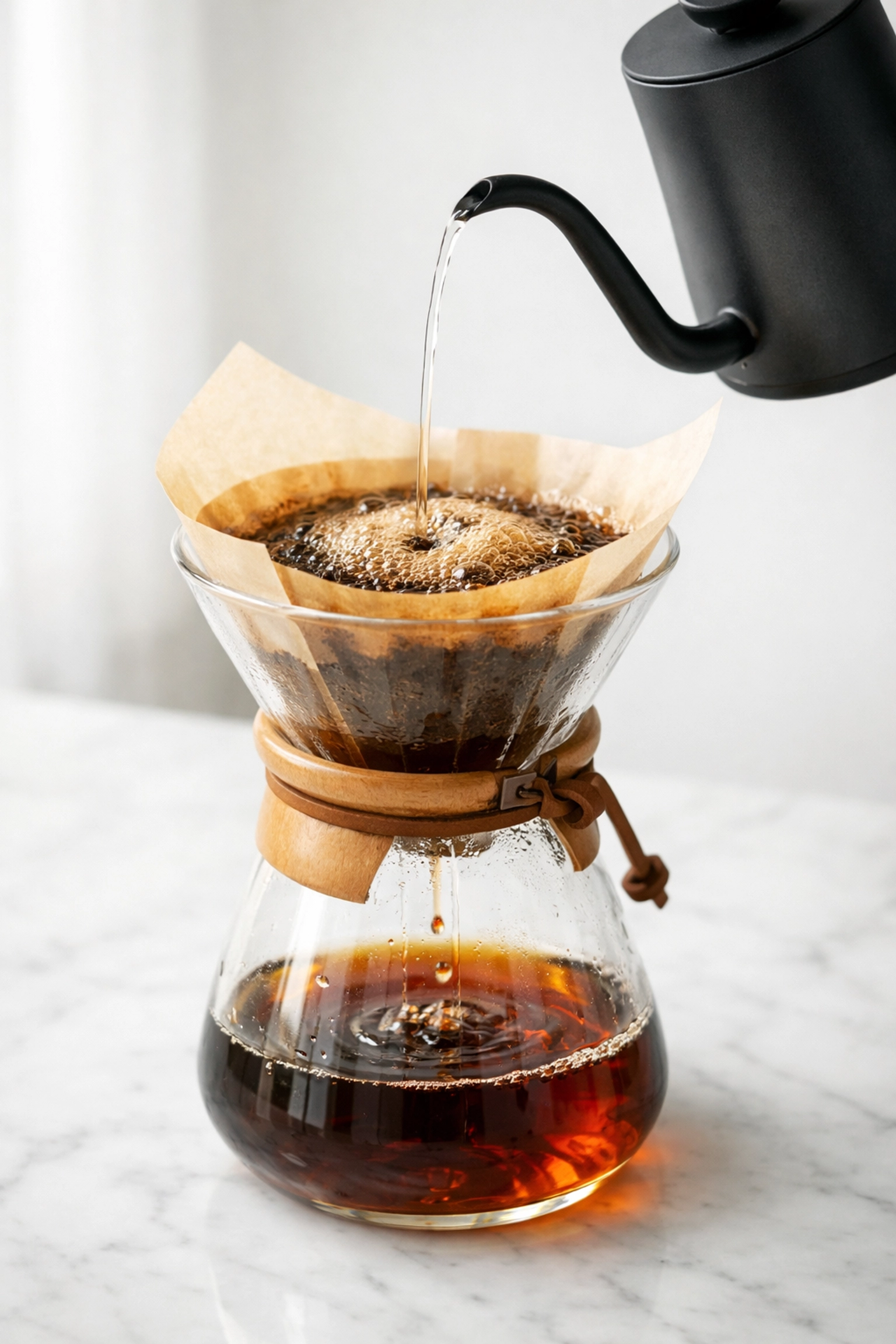 Water pouring into a pour-over dripper to bloom fresh roasted speciality coffee beans at home.