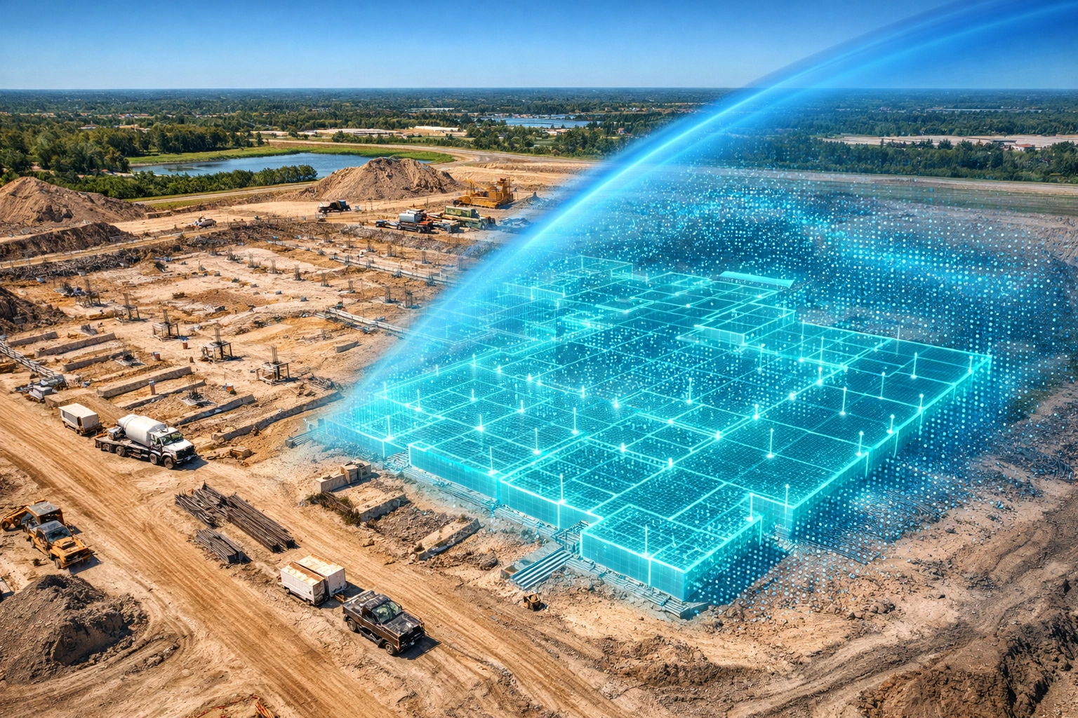 Aerial view of a construction site with a 3D digital twin overlay for precision mapping and progress tracking.