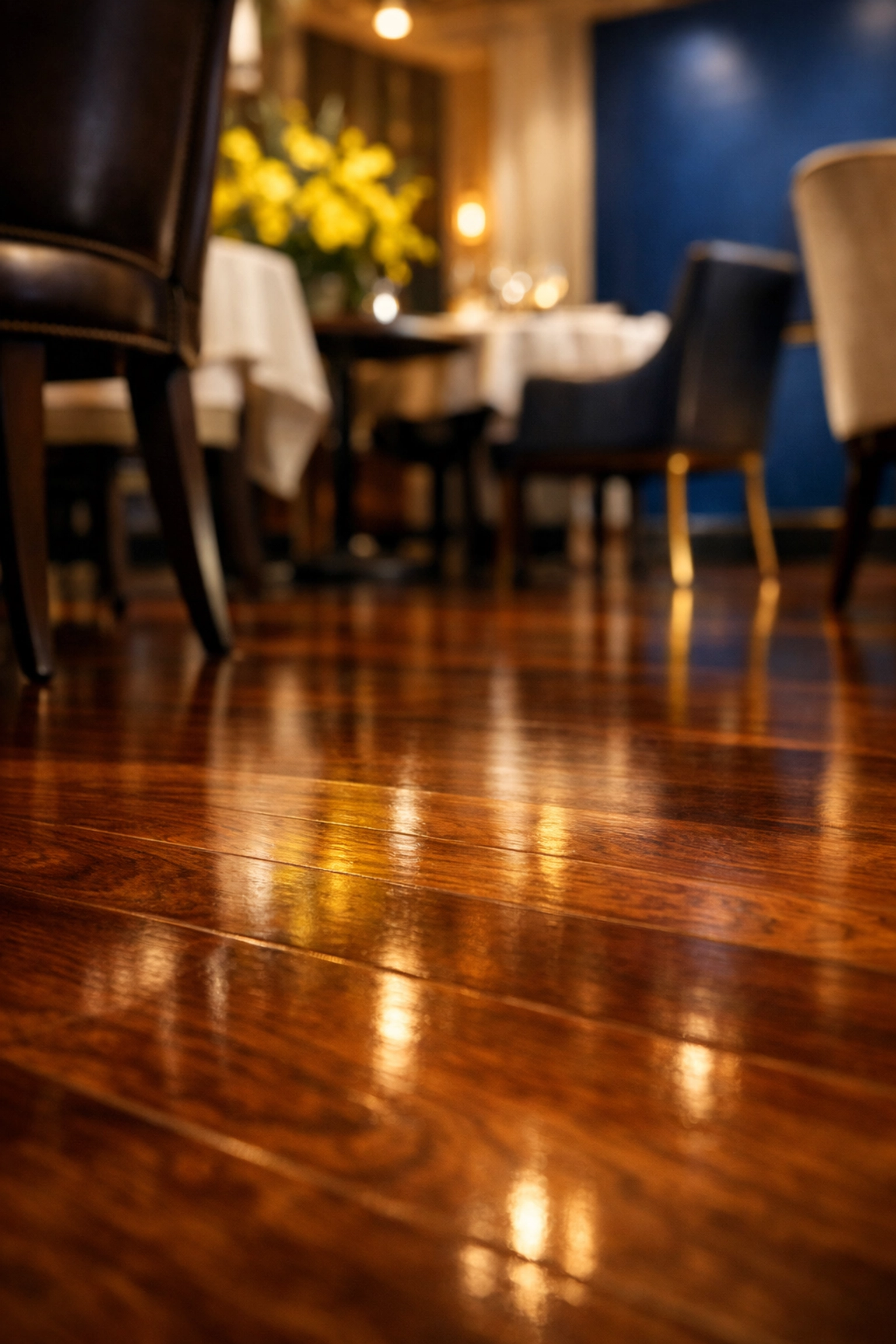 Professionally polished hardwood restaurant floors showing a clean, streak-free surface after deep cleaning.