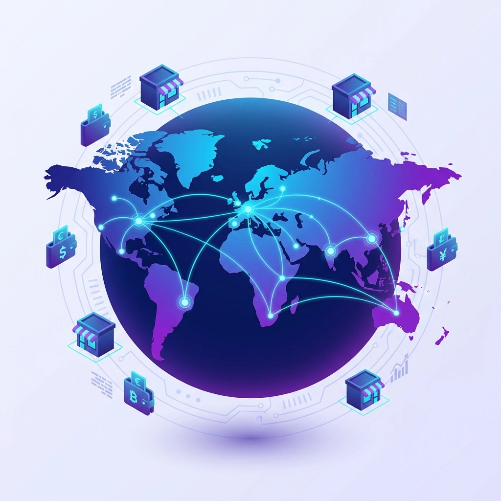 A global network of merchants, wallets, and crypto nodes illustrates borderless Web3 payments and decentralized finance for Larecoin users.