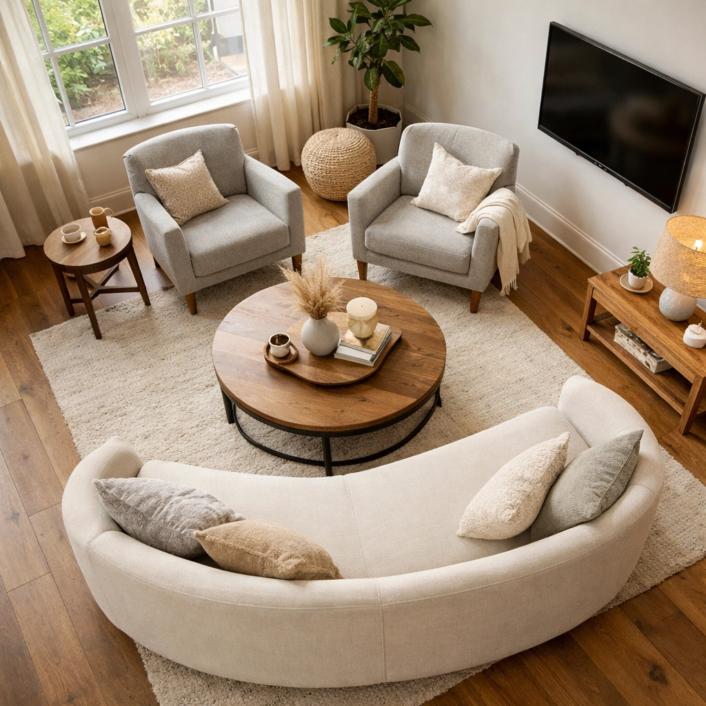 Living room furniture arranged to face each other promoting conversation and connection