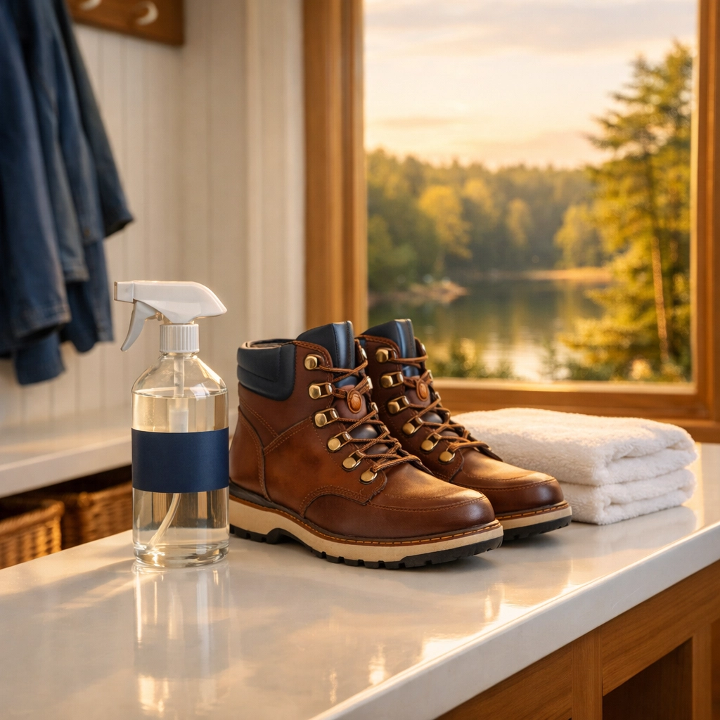Preventing luxury cleaning mistakes in Concord using eco-friendly products in a bright estate mudroom.