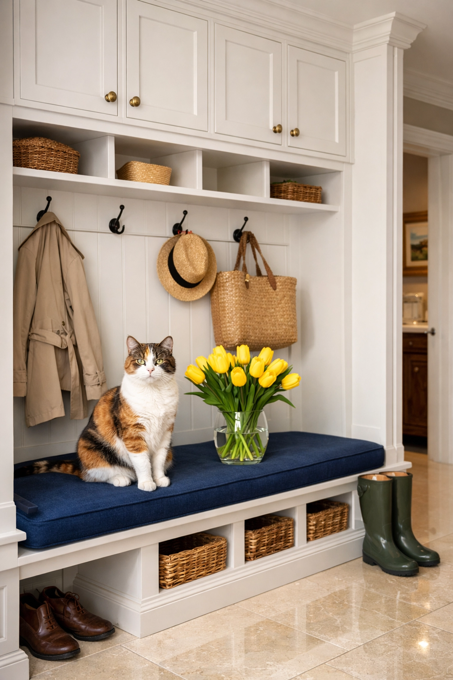 Spotless Shrewsbury mudroom with a Calico cat, representing high-end house cleaning for pet owners.