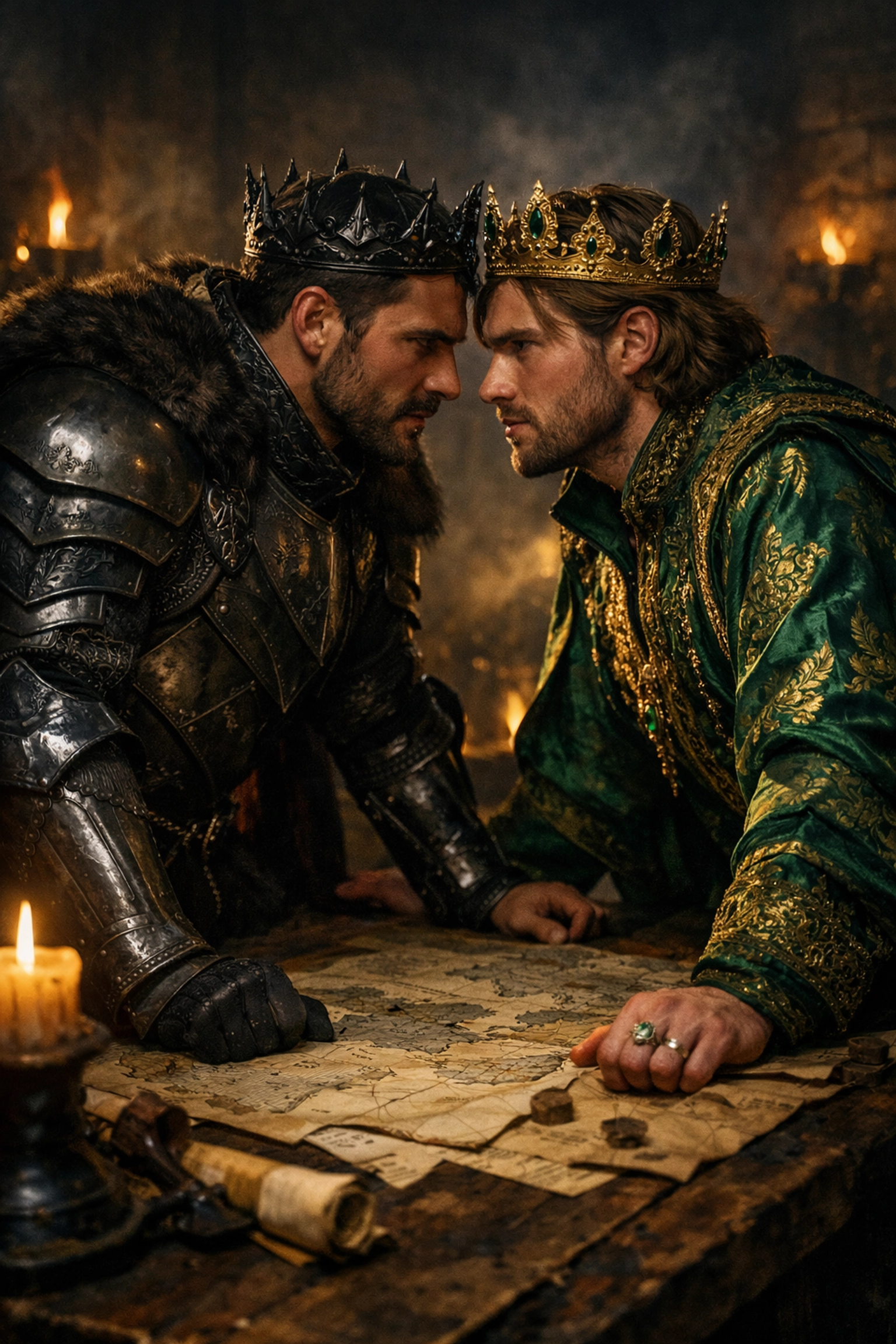 Rival kings locked in a heated gaze over maps, a staple of the enemies to lovers MM romance trope.