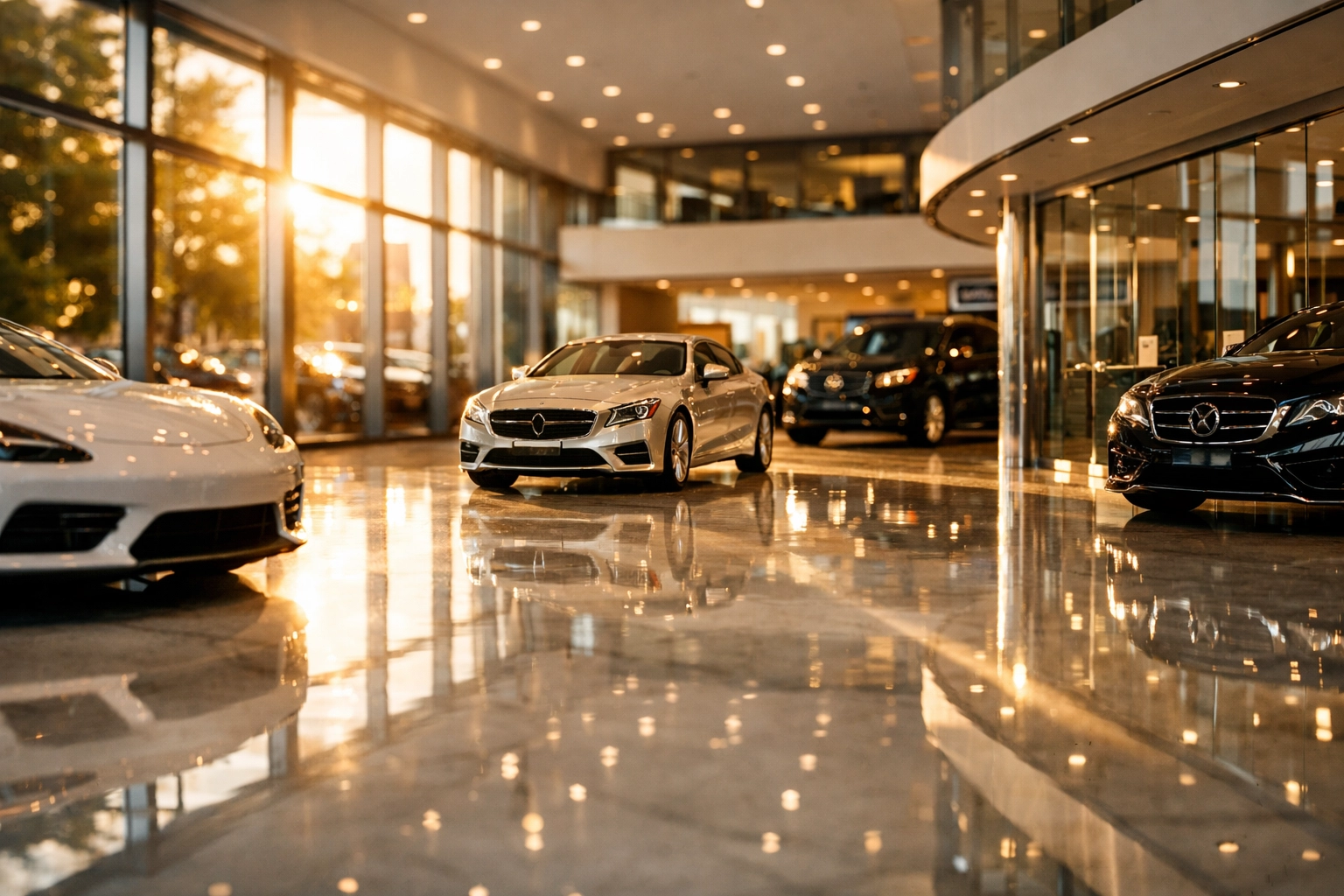 Spotless car dealership showroom on Route 17 Paramus with gleaming floors and luxury vehicles